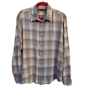 John Varvatos Star USA‎ L Plaid Button Down Shirt Gray Beige Red Check Casual